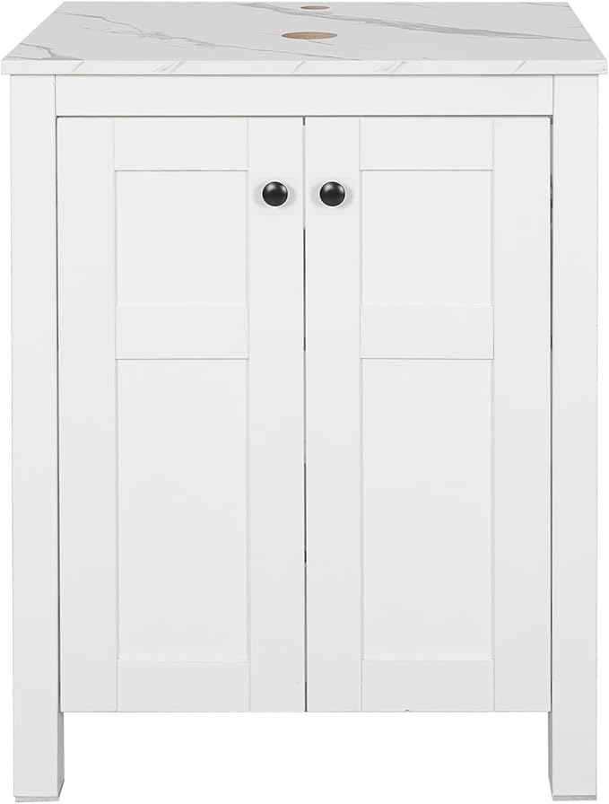 24" White Bathroom Vanity with Marble Texture Top, Traditional Standing by Solidee