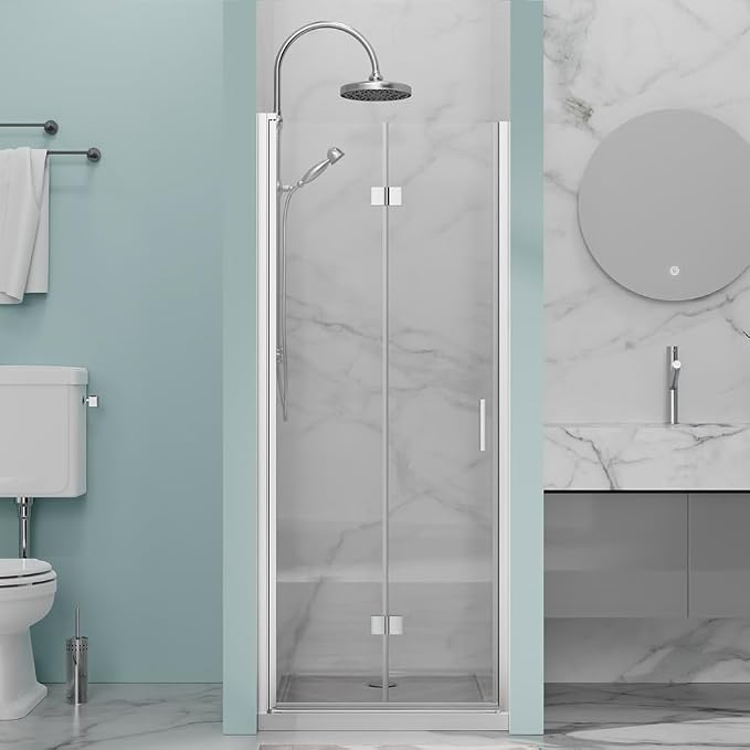30 in.W x 72 in.H Bifold Frameless Glass Shower Door 1/4” Tempered Clear Glass by Bathenum