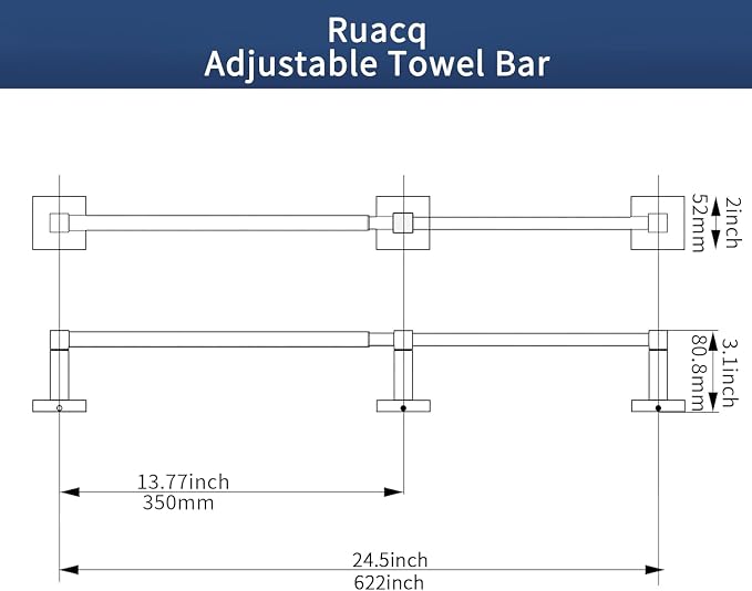 RUACQ Adjustable Towel Bar 13.8 to 24 inch, Square Base Single Towel Racks - Image 7