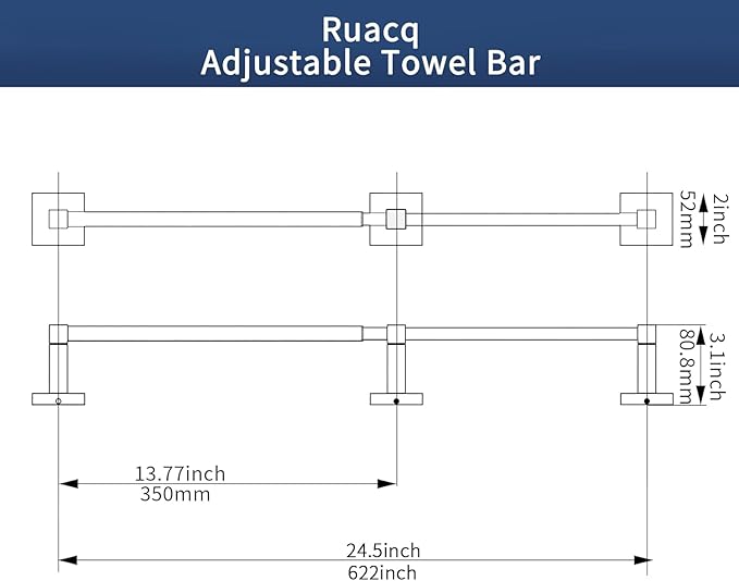 RUACQ Adjustable Towel Bar 13.8 to 24 inch, Square Base Single Towel Racks - Image 7