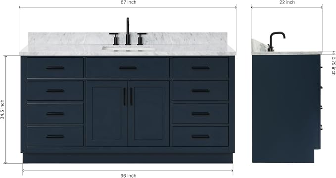 ARIEL 67" Midnight Blue Single Bathroom Vanity, Italian Carrara Marble - Image 2