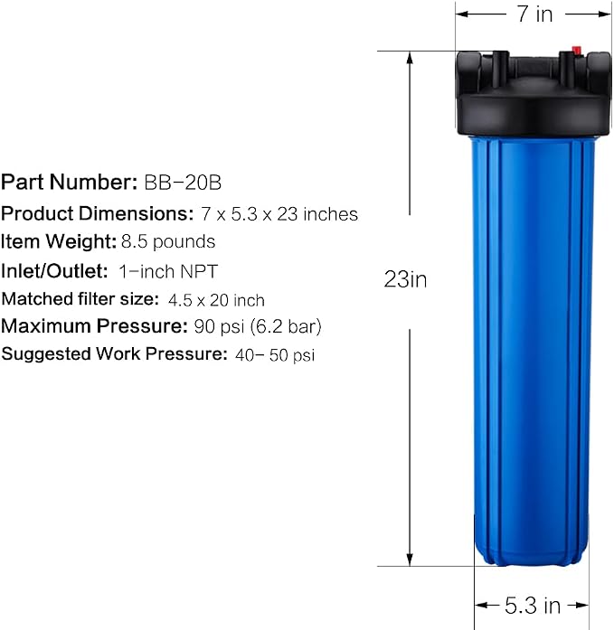 Geekpure 20 Inch Whole House Water Filter Housing-1"NPT Bras Port -Fit 4.5"x - Image 4