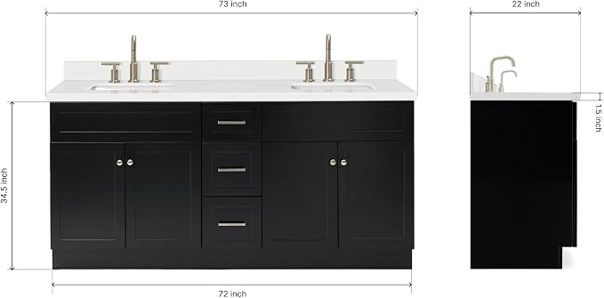 ARIEL 73" Black Double Bathroom Vanity, 1.5" Inch Thick Edge Pure White Quartz - Image 2