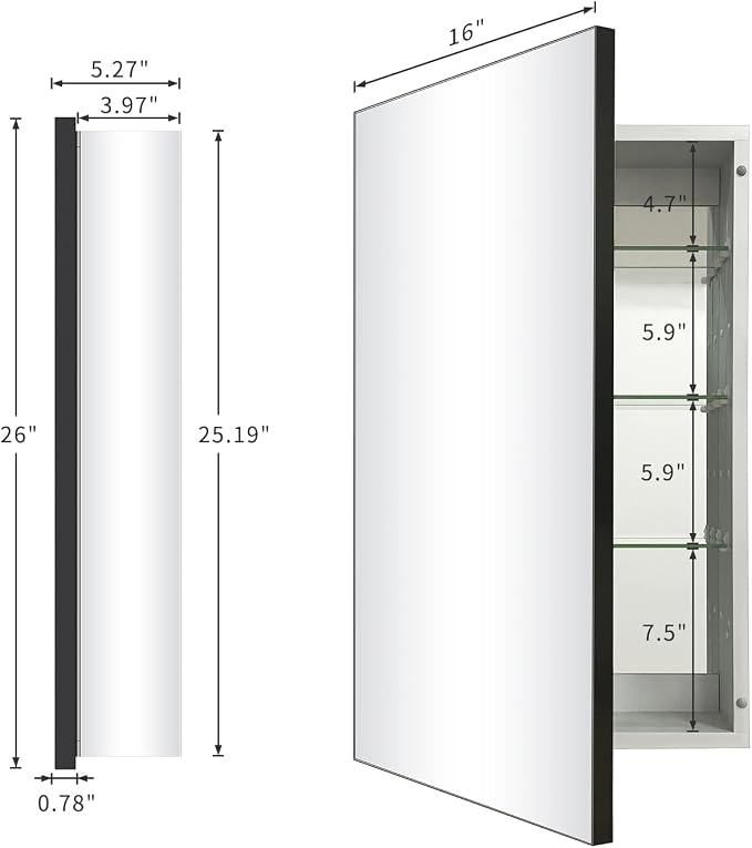 Bathroom Medicine Cabinet with Farmhouse Black Aluminium Alloy Framed 26 x 16 - Image 3