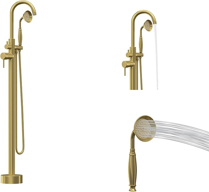 Freestanding Tub Filler Brushed Gold Floor Mount Bathtub Faucet Bathroom - Image 8
