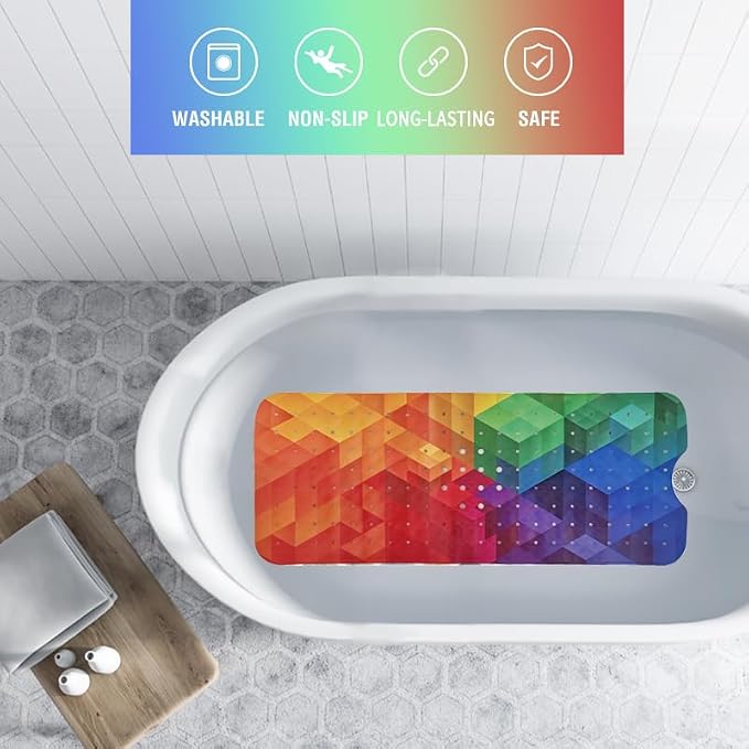 Rainbow Bathtub Mat Non Slip for Kids 40x16 Extra Long Geometry Modern Art Bath - Image 2