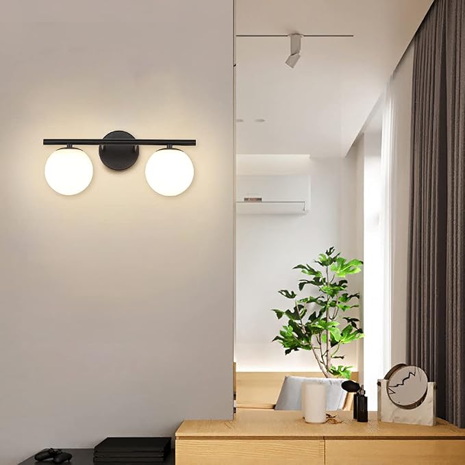New Bathroom 2 Vanity Light Fixtures Brushed Black Milk White Globe Glass Shade - Image 6