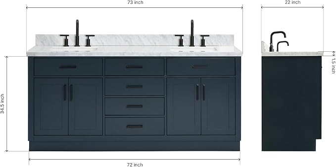 ARIEL Double Vanity 73" Midnight Blue, 1.5" Edge Italian Carrara Marble - Image 2