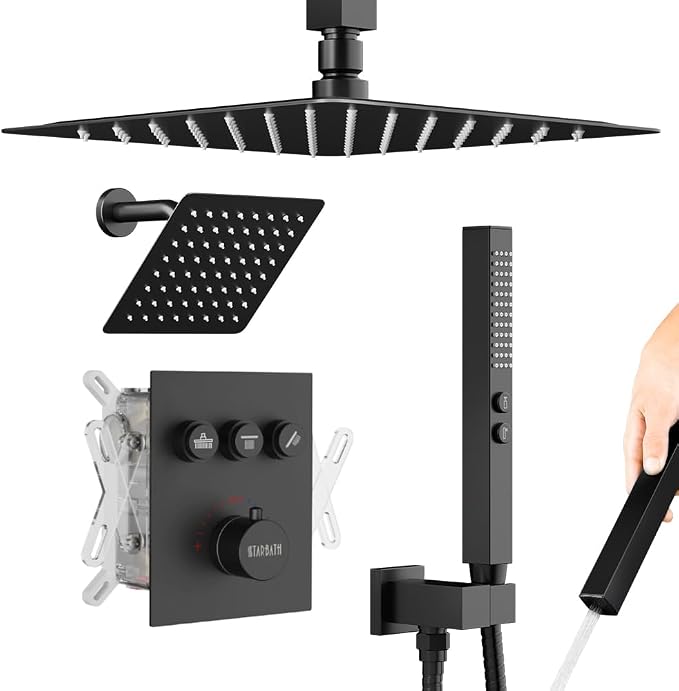 Thermostatic Shower Systems Matte Black Shower Faucets Sets, STARBATH 12+ 8" by STARBATH