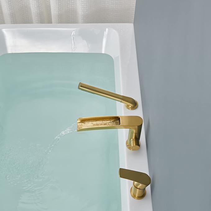Waterfall Roman Tub Faucet Brushed Gold Deck Mount Bathtub Faucets Brass Tub - Image 5