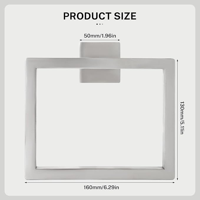 2-Piece Brushed Nickel Square Towel Ring, Modern Hand Towel Holder - Image 5