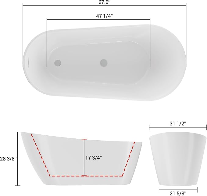 67 Inch Acrylic Freestanding Bathtub, Bathtub - Image 3