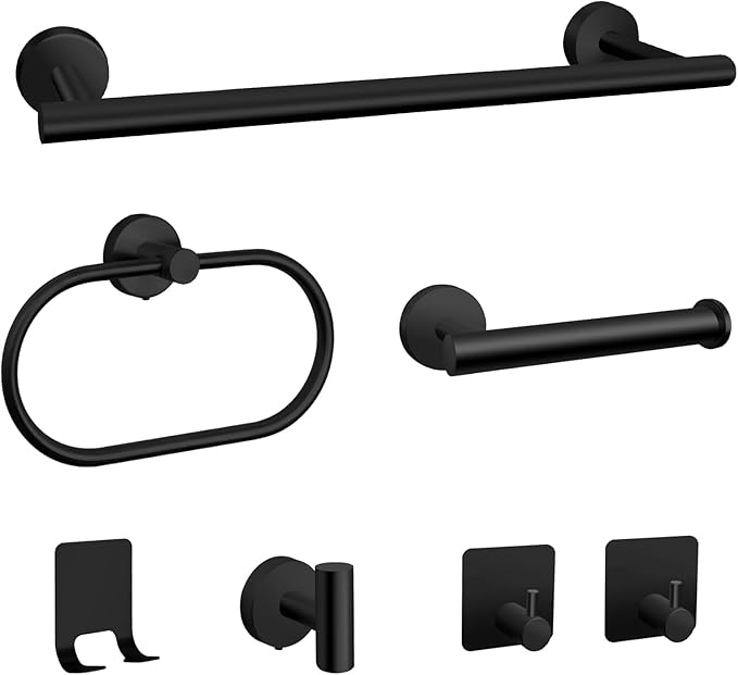 7 PCS Bathroom Hardware Set, Matte Black Stainless Steel Bathroom Tower Rack by XHKDSYMC