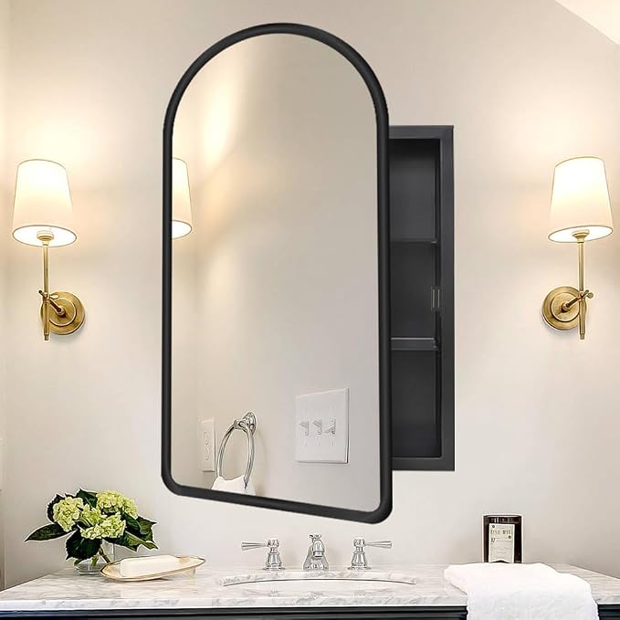 Arched Medicine Cabinet with Mirror, 20x31 Inch Black Recessed Bathroom Cabinet - Image 6