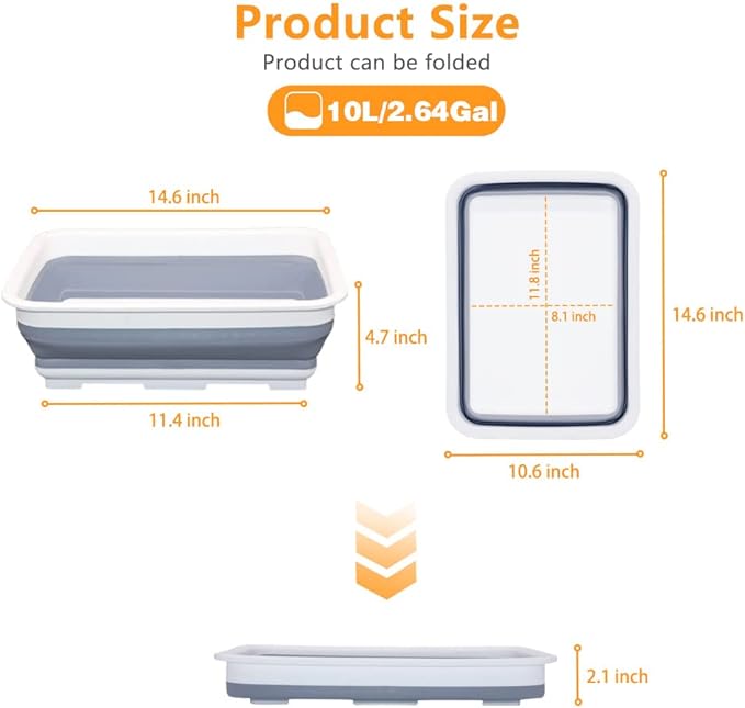 Collapsible Dish Pans – 10L Foldable Sink Tub, 14.5'' x 10.5'' x 5", Compact - Image 2