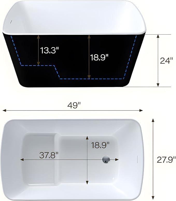 49 Inch Acrylic Freestanding Bathtub, Japanese Square Soaking Tub - Image 2