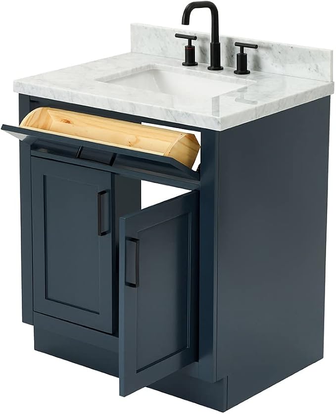 ARIEL Bathroom Vanity, Midnight Blue, Carrara Marble Top 1.5" Edge, Solid Wood - Image 4