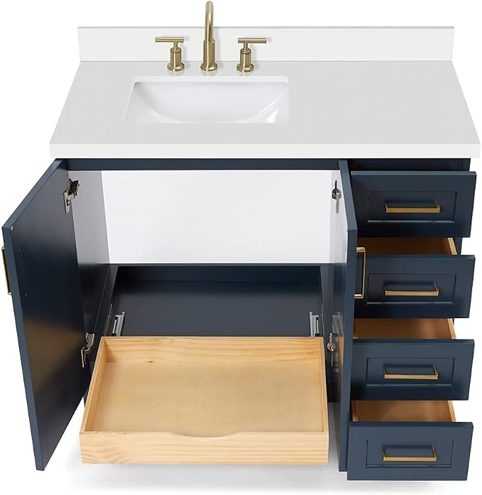 ARIEL 43" Midnight Blue Bathroom Vanity, 1.5" Edge Pure White Quartz Countertop - Image 6