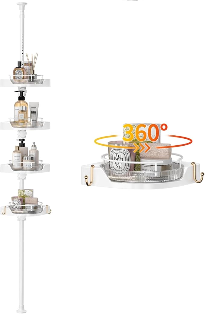 Shower Caddy Tension Pole with 4 L-Lazy Susan Organizer 360 Rotating 35-128 by AKINBAS