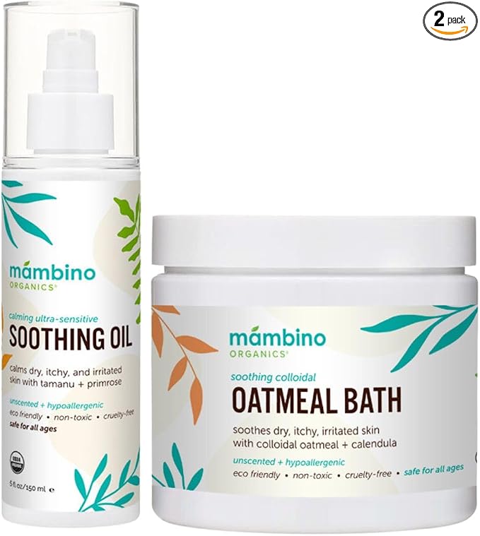 Mambino Organics Calming Skin Set, Oatmeal Bath Soak Powder & Soothing Body Oil by MambinoOrganics