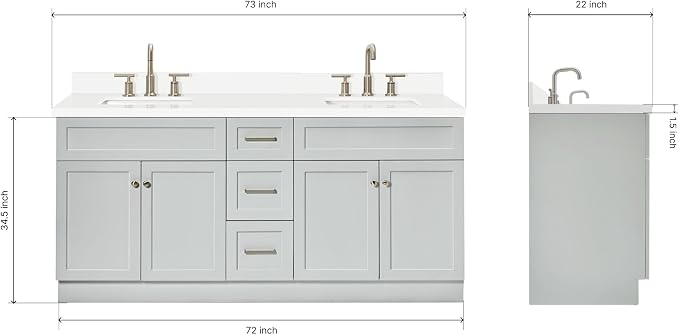 ARIEL 73" Grey Double Vanity 1.5" Edge Pure White Quartz Countertop & Splash - Image 2