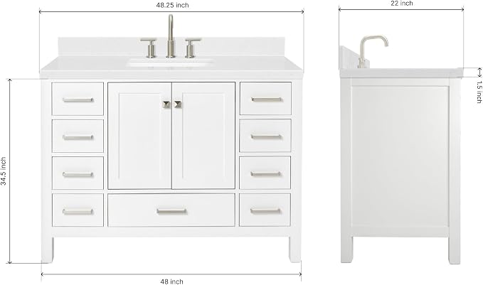 ARIEL Cambridge 48" White Bathroom Vanity, 1.5" Edge Carrara White Quartz - Image 2