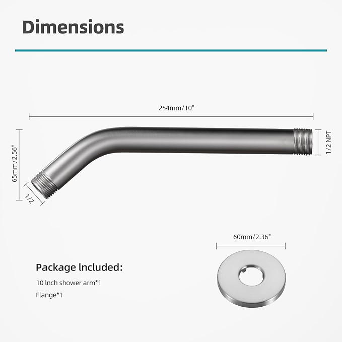 Cobbe Shower Arm with Flange and Teflon Tape, 10-Inches Wall Mounted Shower - Image 5