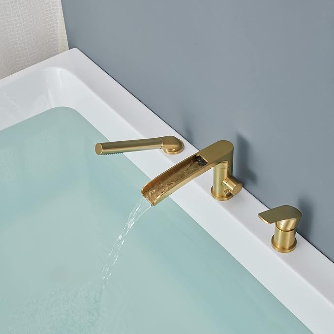 Waterfall Roman Tub Faucet Brushed Gold Deck Mount Bathtub Faucets Brass Tub - Image 3