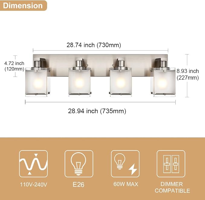 4-Lights Bathroom Light Fixtures Over Mirror, Brushed Nickel Vanity Wall - Image 4