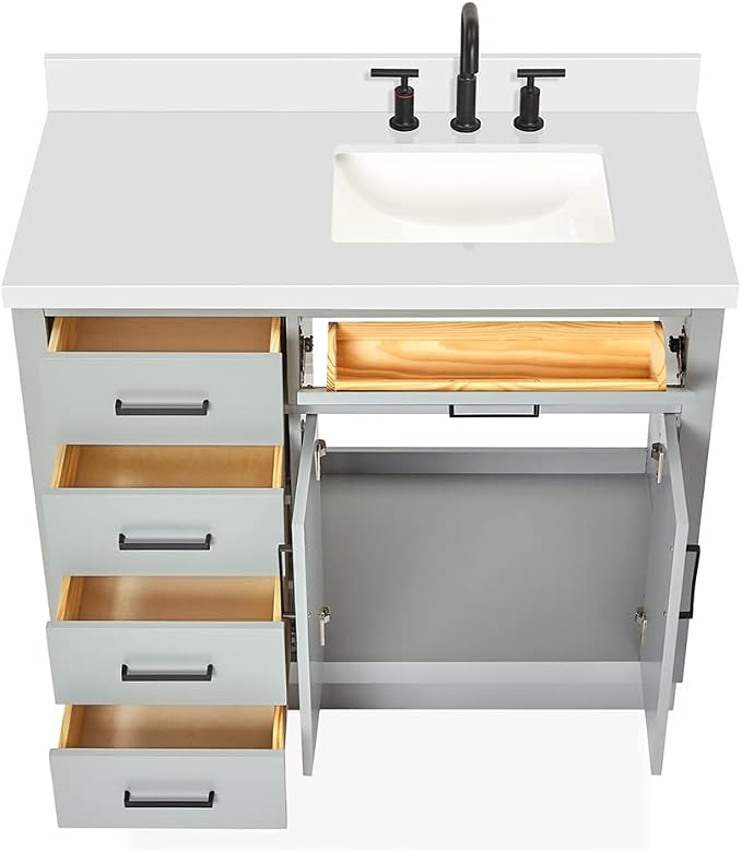 ARIEL Hepburn 43 Inch Single Sink Bathroom Vanity in Gray, 1.5 Edge Quartz Top - Image 3