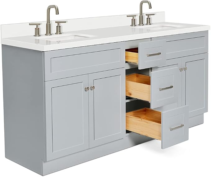 ARIEL 73" Grey Double Vanity 1.5" Edge Pure White Quartz Countertop & Splash - Image 6