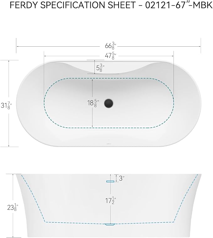 FerdY Santorini 67" Acrylic Freestanding Tub, Gracefully Shaped Contemporary - Image 7