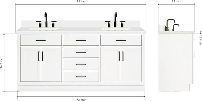 ARIEL 73" White Double Vanity, 1.5" Edge Pure White Quartz Countertop & Splash - Image 2