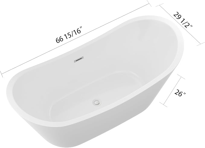 Logmey 67" Freestanding Bathtub White Acrylic Oval Shape Soaking Tub - Image 4