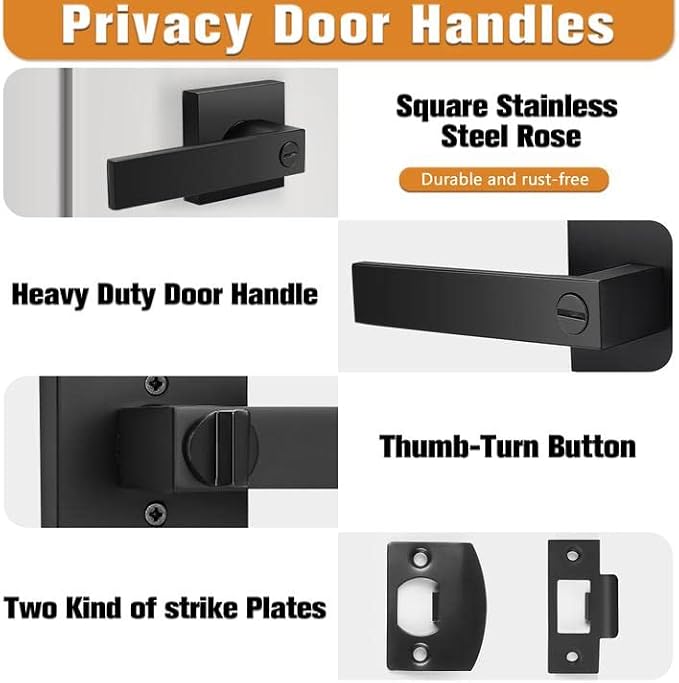 Probrico Interior Black Door Handle, Heavy Duty, Flat Square Privacy Door - Image 3
