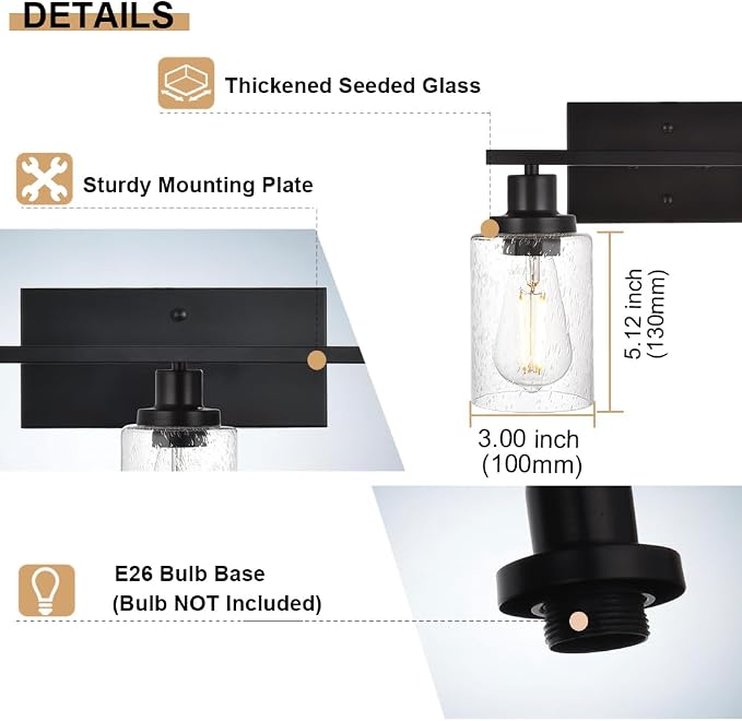 6-Light Seeded Glass Vanity Light Fixtures in Matte Black Finish, 45.3 Inches - Image 7