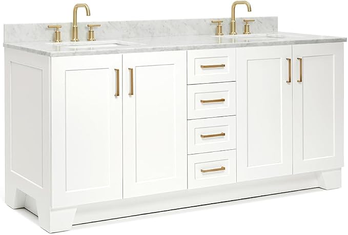 ARIEL 73" White Double Bathroom Vanity Italian Carrara Marble Countertop & - Image 3