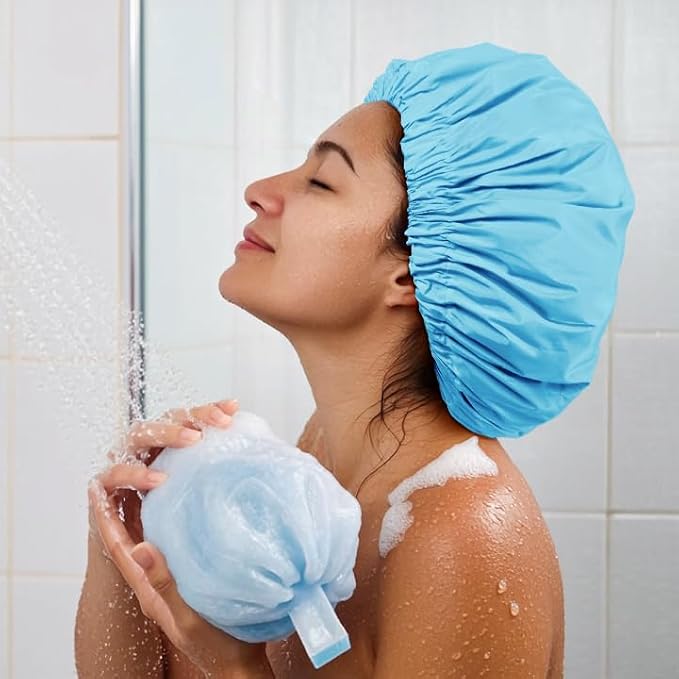 Reusable Shower Cap for Women, Large Waterproof Shower Bonnet Washable Elastic - Image 4