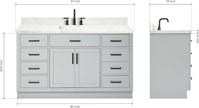ARIEL 61" Grey Bathroom Vanity, 1.5" Edge Italian Carrara Marble Countertop & - Image 2
