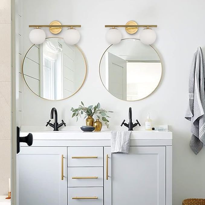 New Bathroom Vanity Light Fixtures 2 Lights Brushed Brass Milk White Globe - Image 6
