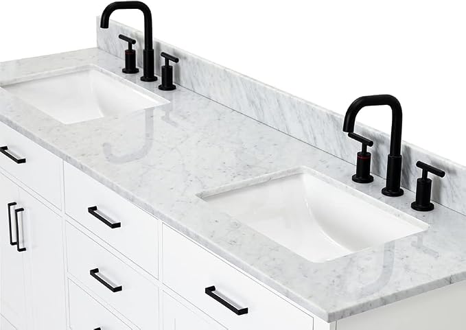 ARIEL Double Bathroom Vanity 73" White, Italian Carrara Marble Countertop & - Image 8