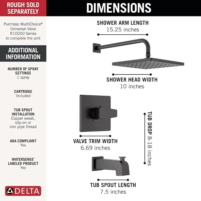 Delta Faucet Modern Raincan Square Single-Function Tub and Shower Trim Kit Black - Image 3