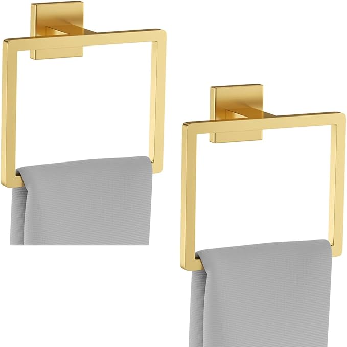 2-Piece Brushed Gold Towel Ring, Square Hand Towel Holder, Stainless Steel by Kiakuoow
