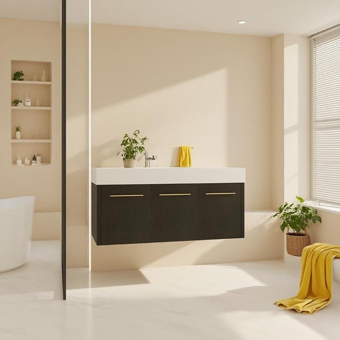 48 Inch Bathroom Vanity with White Left Resin Sink, Plywood Base and Melamine by Relaxcabine