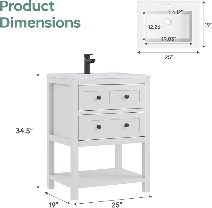 24 Inch Bathroom Vanity with Sink, Farmhouse Storage Cabinet with Drawers & - Image 2
