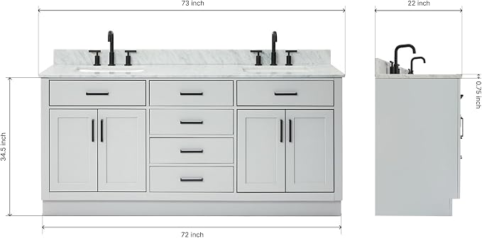 ARIEL Double Bathroom Vanity 73" Grey, Italian Carrara Marble Countertop & - Image 2