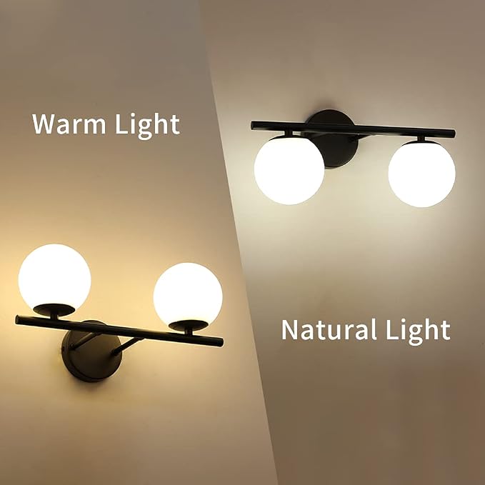 New Bathroom 2 Vanity Light Fixtures Brushed Black Milk White Globe Glass Shade - Image 3