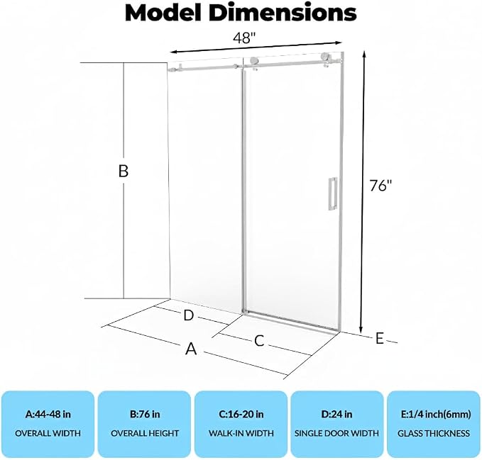 Frameless Sliding Shower Door, 6mm SGCC Tempered Clear Glass - Image 2