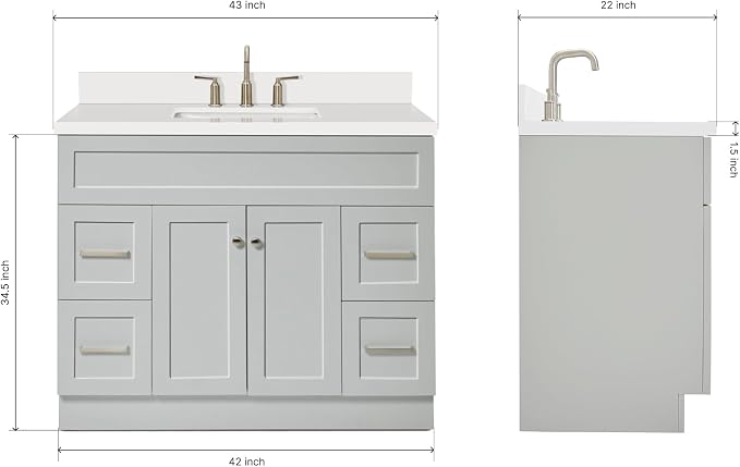 ARIEL Hamlet 43 Inch Single Sink Bathroom Vanity in Gray, 1.5" Edge Quartz Top - Image 2
