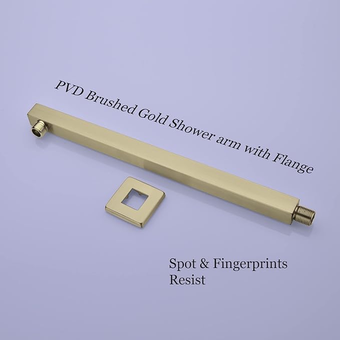 Square Shower Arm with Flange in Brushed Brass 16 Inch Wall Mounted Rainfall - Image 4